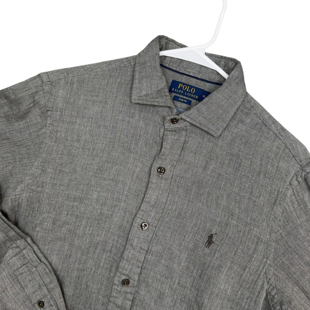 Polo Ralph Lauren Button Down Mens M Grey Herringbone Slim Fit Long Sleeve Shirt